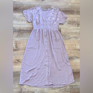 Pink Button-Down Midi Dress with Floral Accents